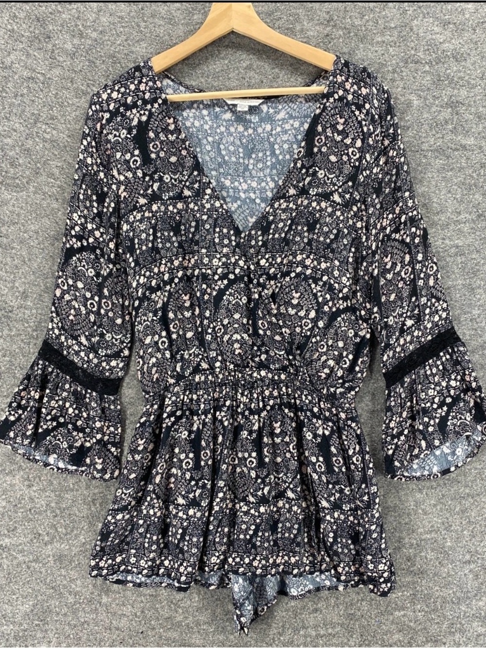 American Eagle Outfitters Black Floral V-Neck Smocked Waist Shorts Romper